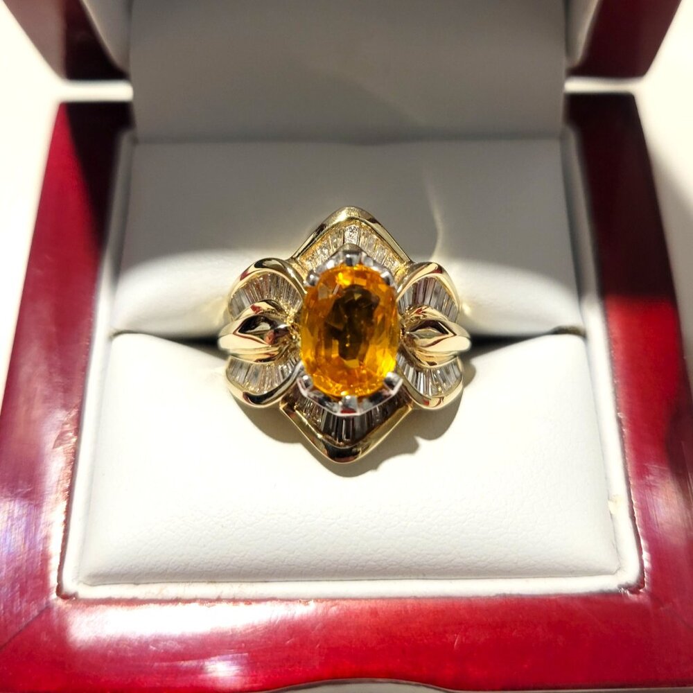 Estate - 14k Yellow Gold, 3.10 ct Yellow Sapphire and Diamond Ring - Size 7